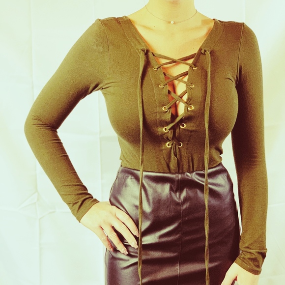 Fashion Love Tops - Fashion Love Brown Lace Up Long Sleeve Bodysuit
